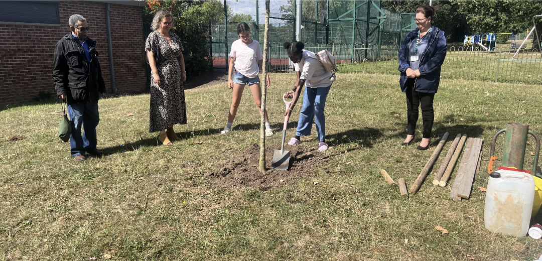 Derby West Indian Community Association's chairman and a Sinfin and Osmaston ward councillor watching a young person plant a young tree with a spade.